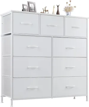 DUMOS Dresser for Bedroom, Storage Organizer with 9 Drawers, Chest of Drawers with Fabric Bins, Sturdy Metal Frame, Wood Tabletop for Guest Room, Closet, Entryway, Nursery