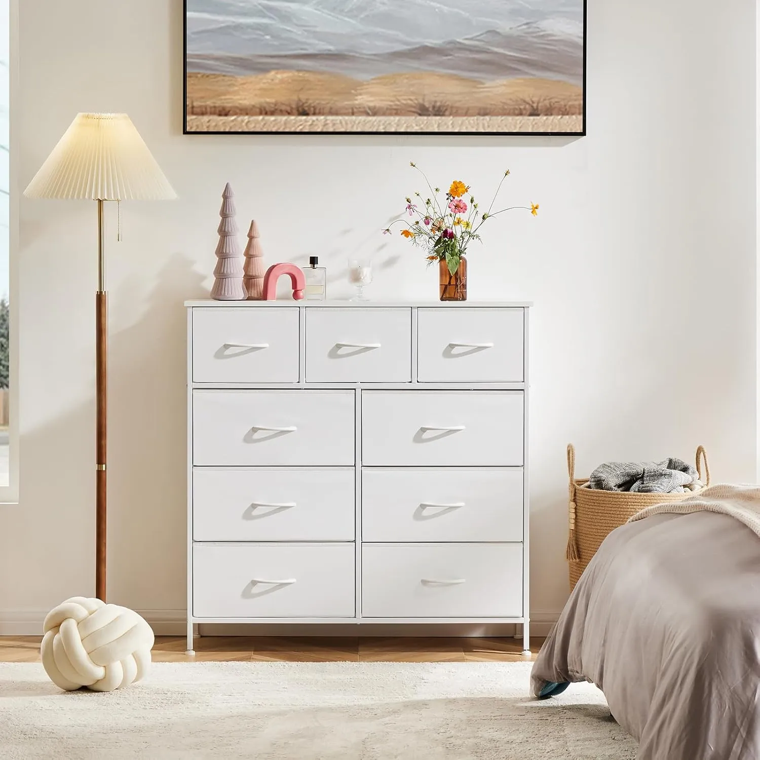 DUMOS Dresser for Bedroom, Storage Organizer with 9 Drawers, Chest of Drawers with Fabric Bins, Sturdy Metal Frame, Wood Tabletop for Guest Room, Closet, Entryway, Nursery