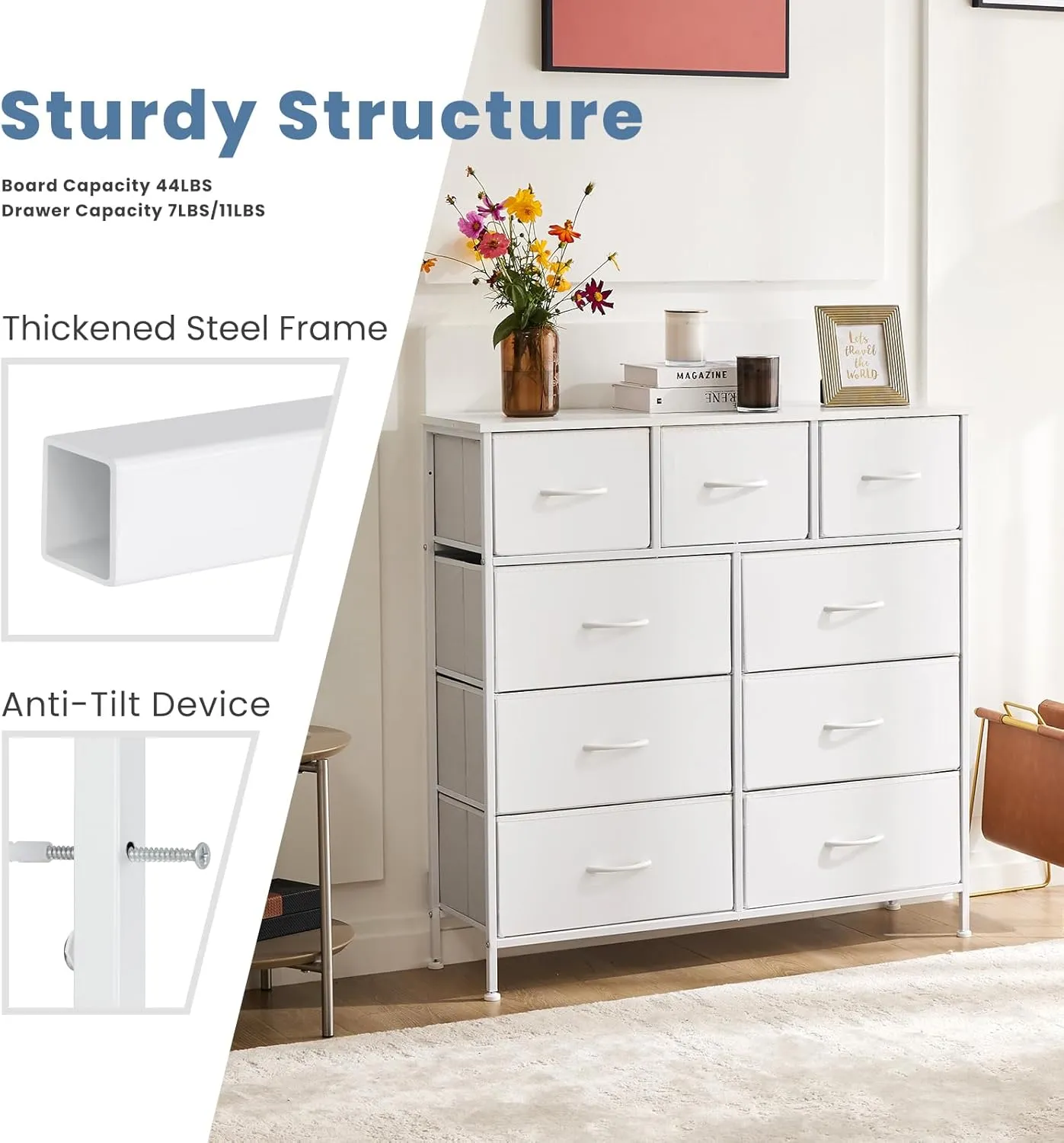 DUMOS Dresser for Bedroom, Storage Organizer with 9 Drawers, Chest of Drawers with Fabric Bins, Sturdy Metal Frame, Wood Tabletop for Guest Room, Closet, Entryway, Nursery