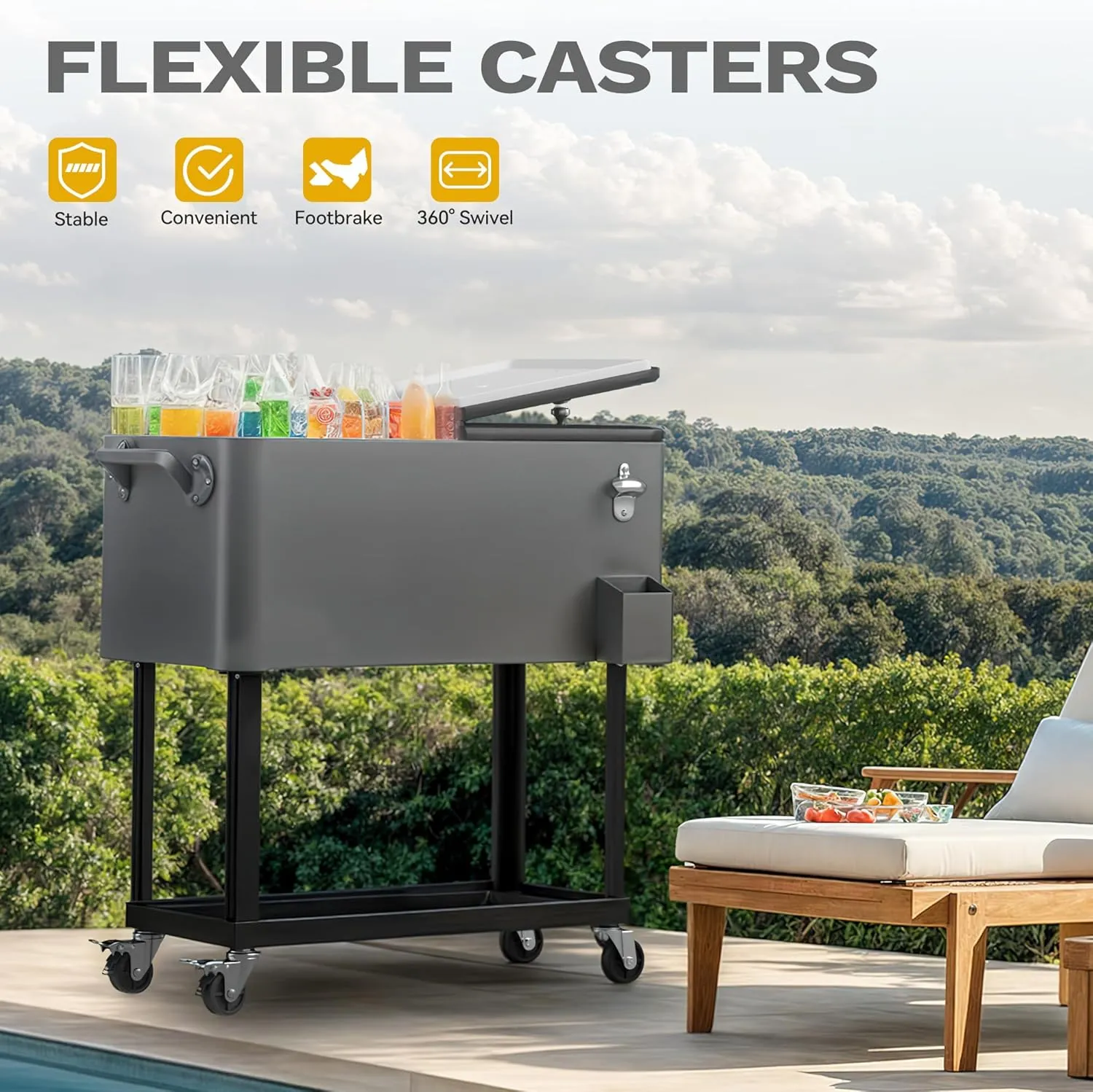 DWVO Ice Chest with Wheels,80 Quart Rolling Cooler with Bottle Opener Drainage, Patio Cooler Cart, Rolling Ice Chest with Handle for Patio Pool Deck Party BBQ Cookouts