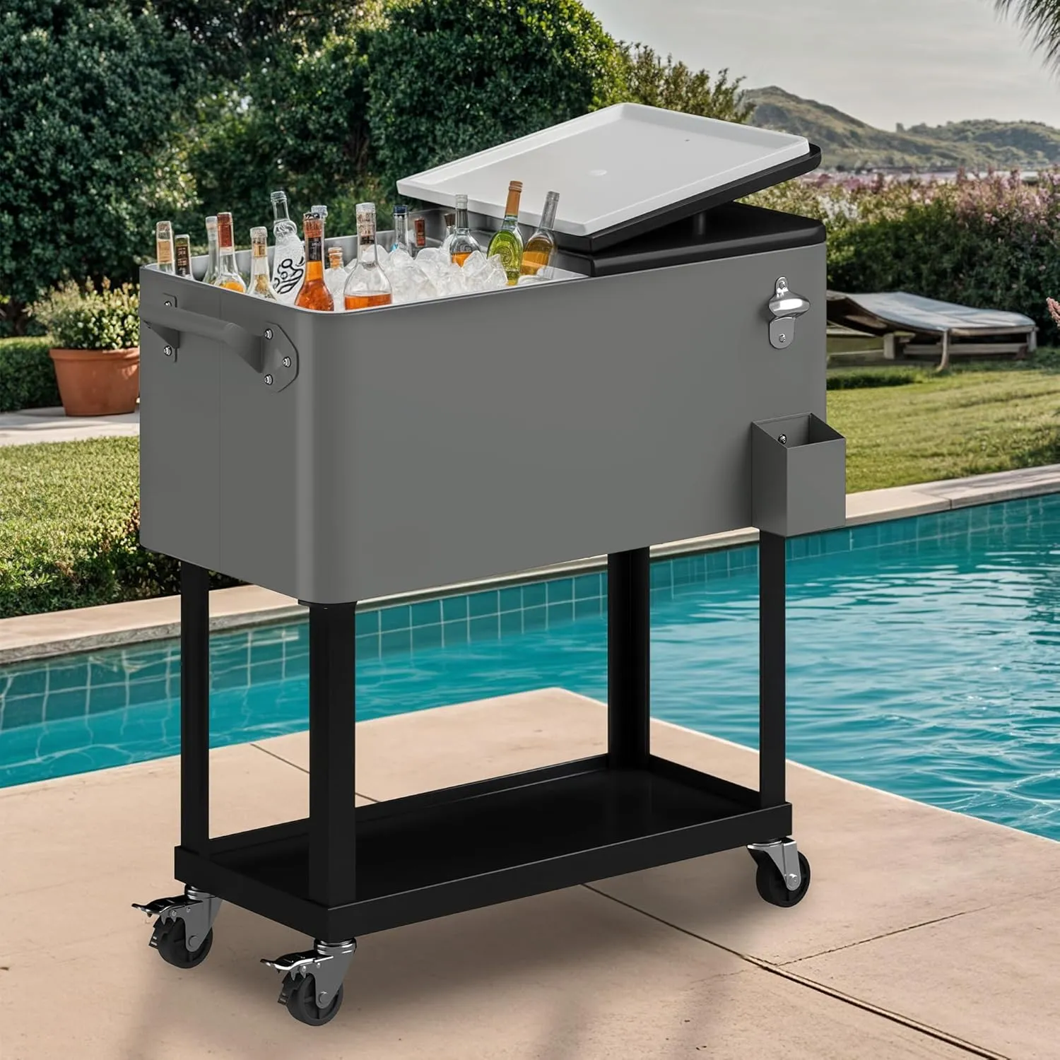 DWVO Ice Chest with Wheels,80 Quart Rolling Cooler with Bottle Opener Drainage, Patio Cooler Cart, Rolling Ice Chest with Handle for Patio Pool Deck Party BBQ Cookouts