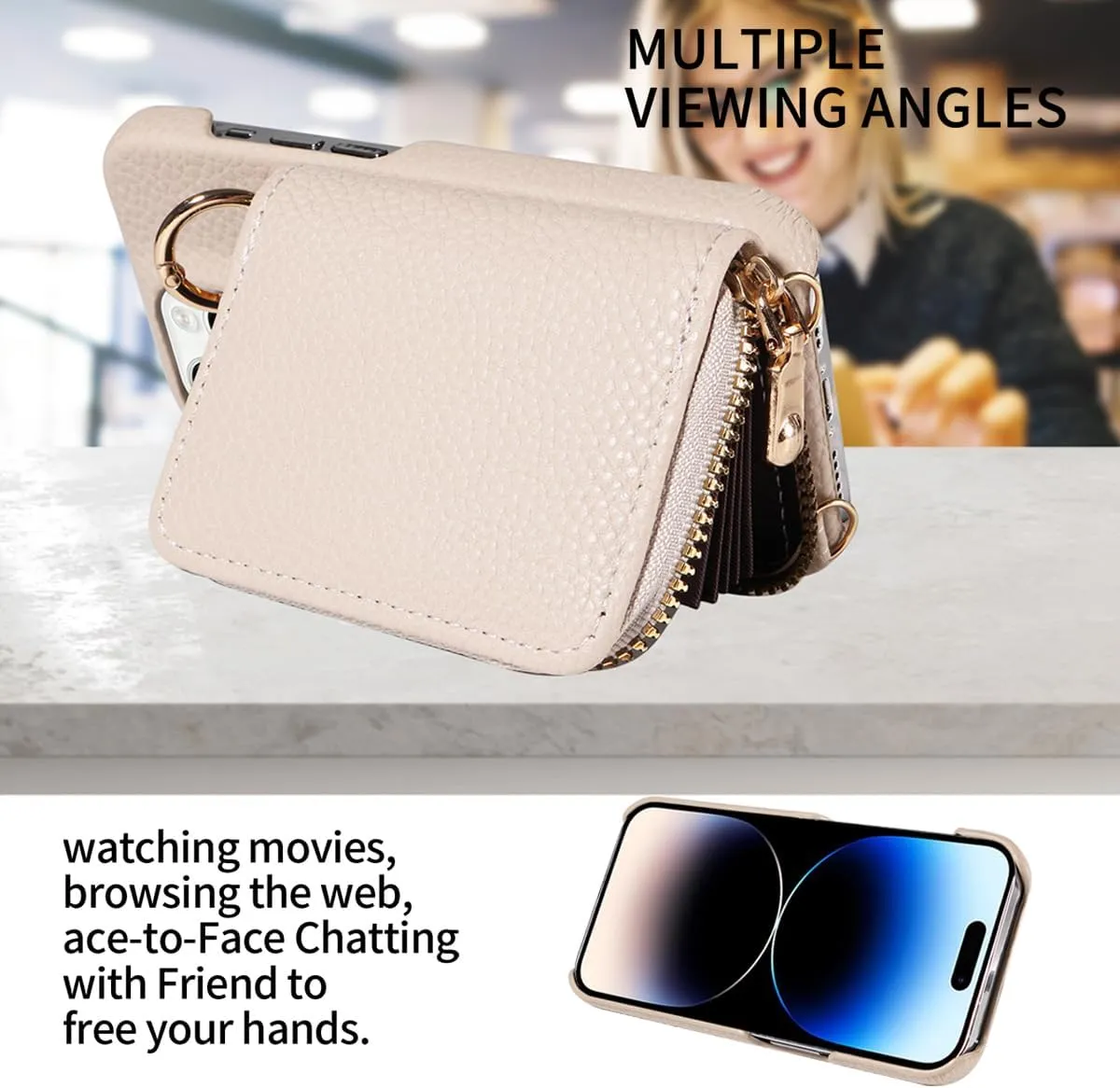 Eaacaa Crossbody Phone Case for iPhone 14/15/16. Features Card Holder, Credit Card Zipper Wallet and Holster. Rounded Support Zipper Offers Shock Absorption (Off-White,iPhone 15pro_6.1in)