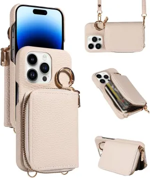 Eaacaa Crossbody Phone Case for iPhone 14/15/16. Features Card Holder, Credit Card Zipper Wallet and Holster. Rounded Support Zipper Offers Shock Absorption (Off-White,iPhone 15pro_6.1in)