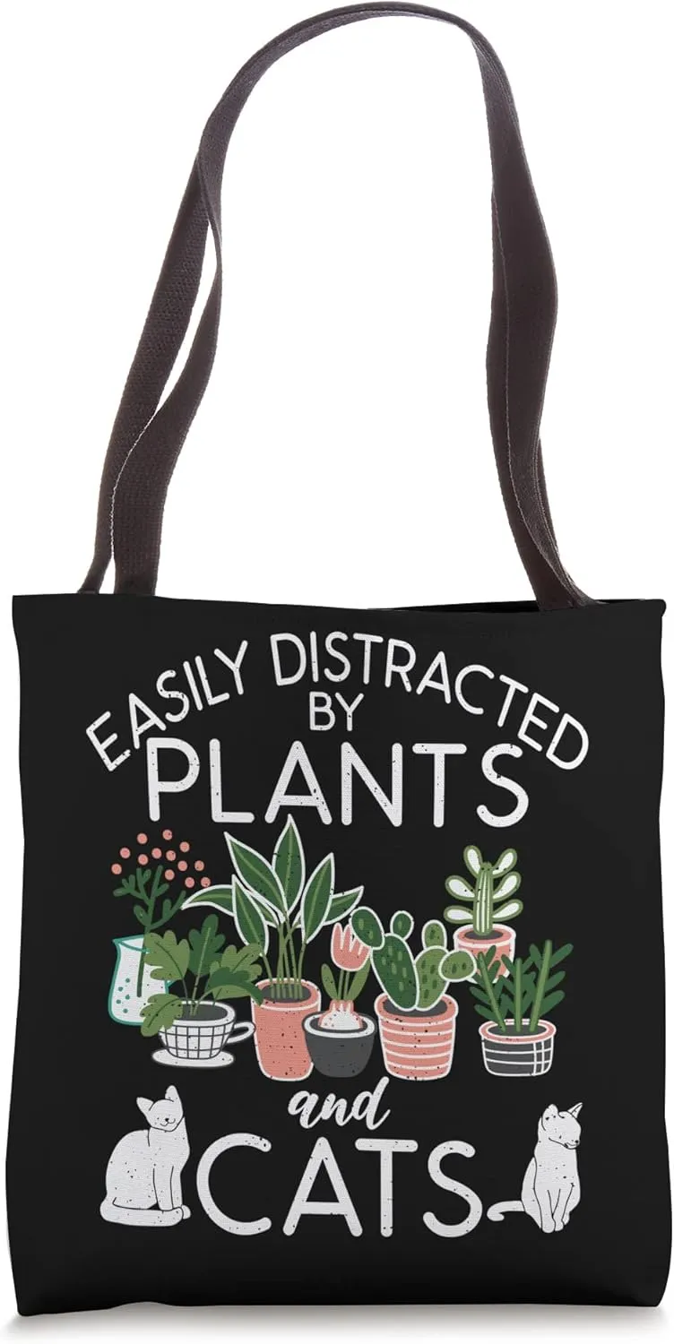 Easily Distracted By Plants And Cats Funny Cat Owner Kitten Tote Bag