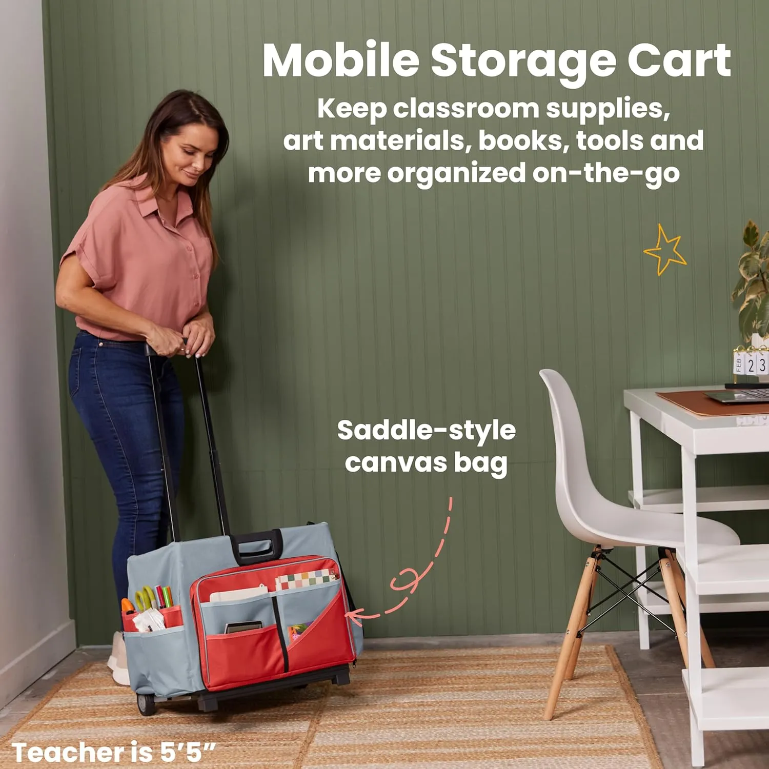 ECR4Kids Universal Rolling Cart with Canvas Organizer Bag, Mobile Storage, Red/Grey