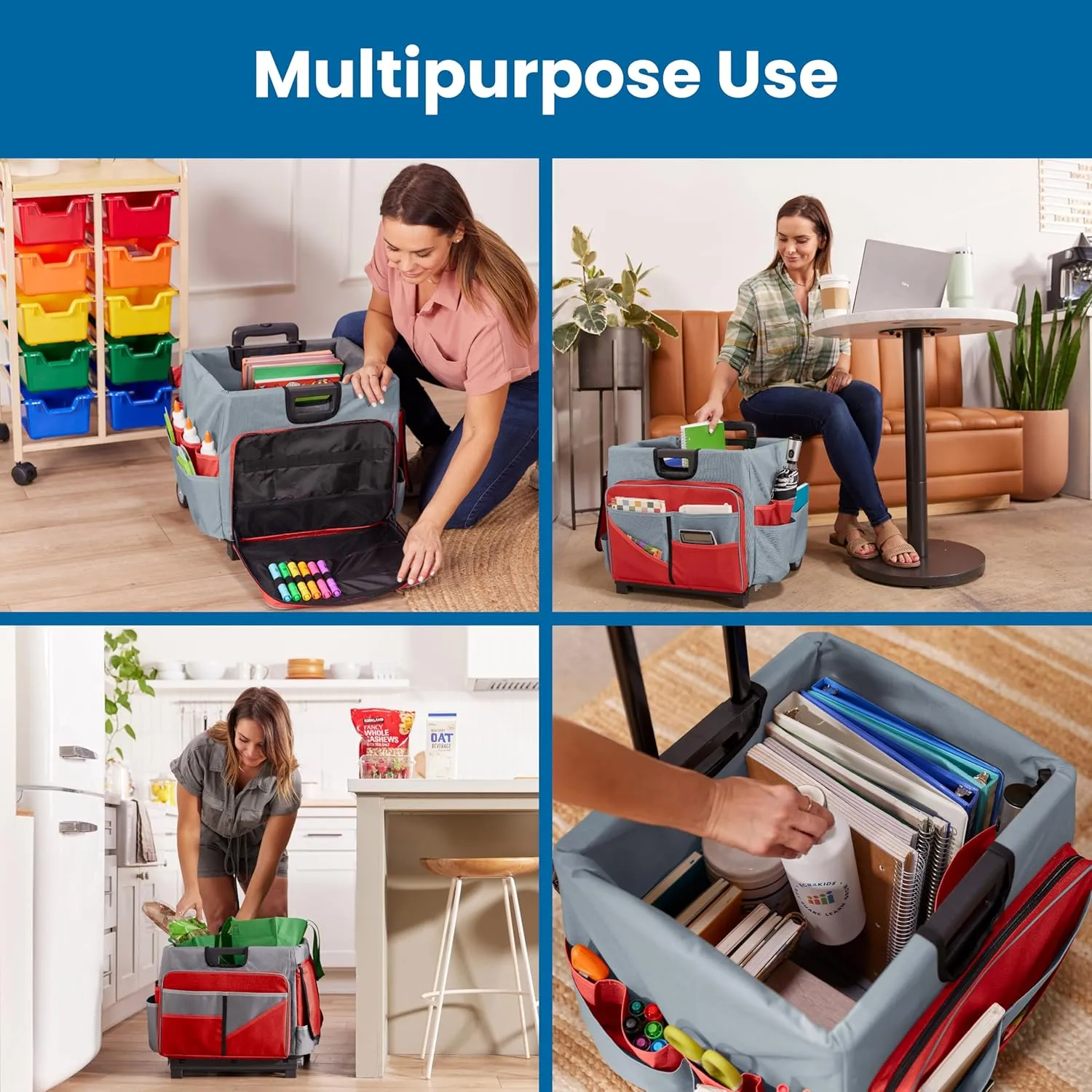 ECR4Kids Universal Rolling Cart with Canvas Organizer Bag, Mobile Storage, Red/Grey