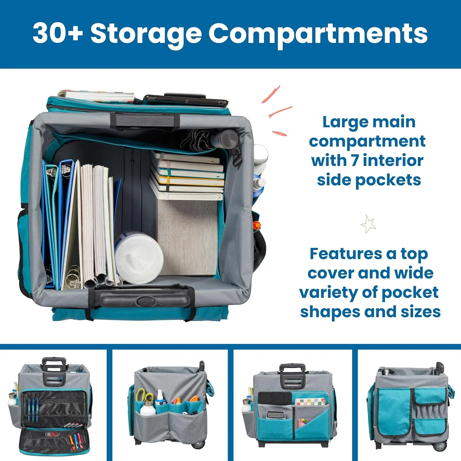 ECR4Kids Universal Rolling Cart with Canvas Organizer Bag, Mobile Storage, Turquoise/Grey
