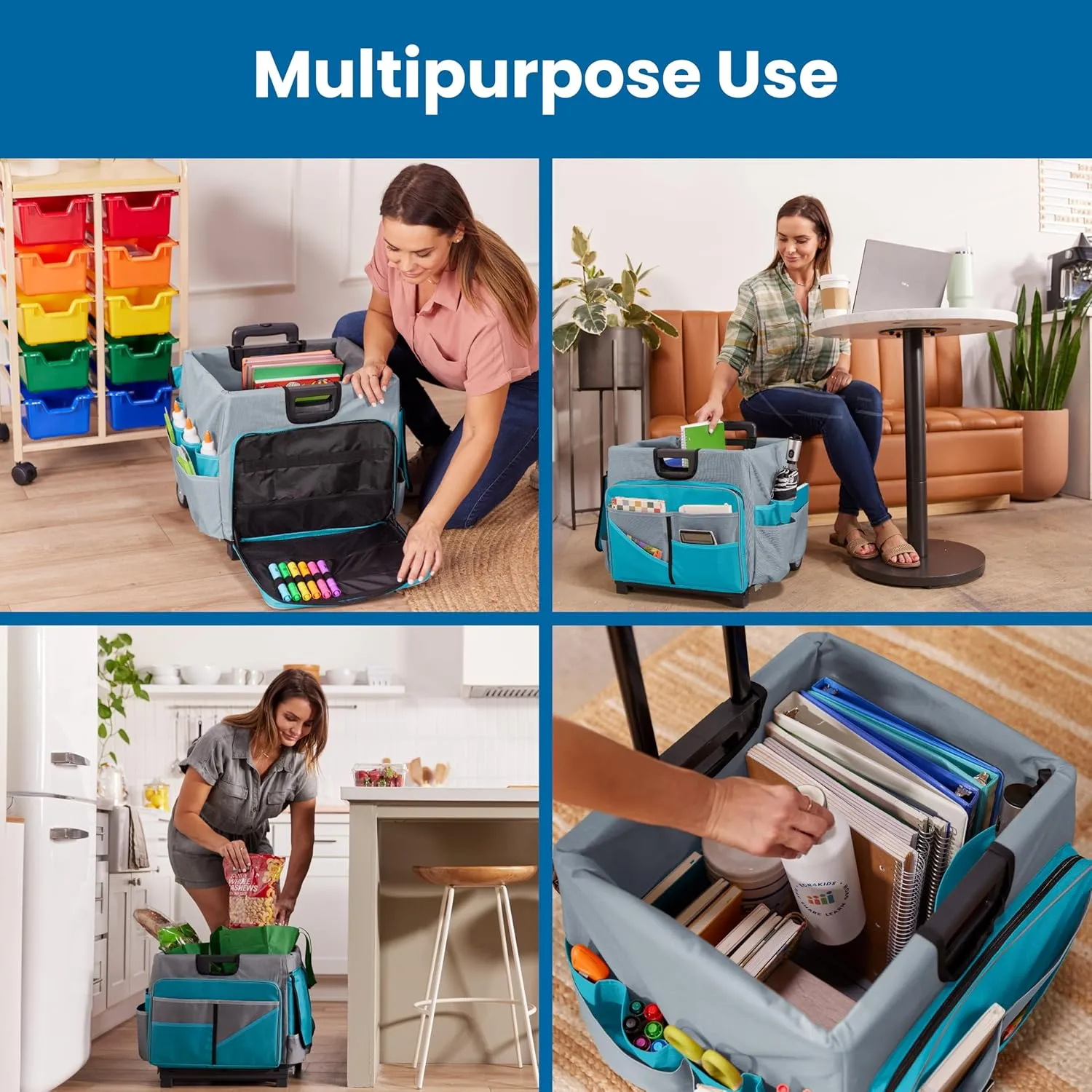 ECR4Kids Universal Rolling Cart with Canvas Organizer Bag, Mobile Storage, Turquoise/Grey