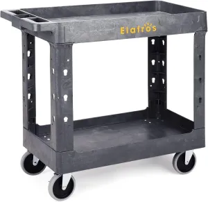 ELAFROS Heavy Duty Plastic Utility Cart 34 x 17 Inch - Work Cart Tub Storage W/Deep Shelves and Full Swivel Wheels Safely Holds up to 550 lbs - 2 Tier Service Cart for Warehouse,Garage, Cleaning,gary