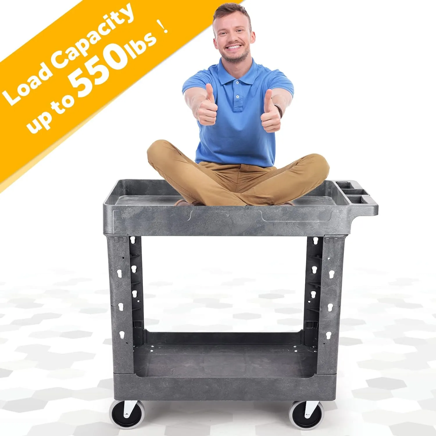 ELAFROS Heavy Duty Plastic Utility Cart 34 x 17 Inch - Work Cart Tub Storage W/Deep Shelves and Full Swivel Wheels Safely Holds up to 550 lbs - 2 Tier Service Cart for Warehouse,Garage, Cleaning,gary