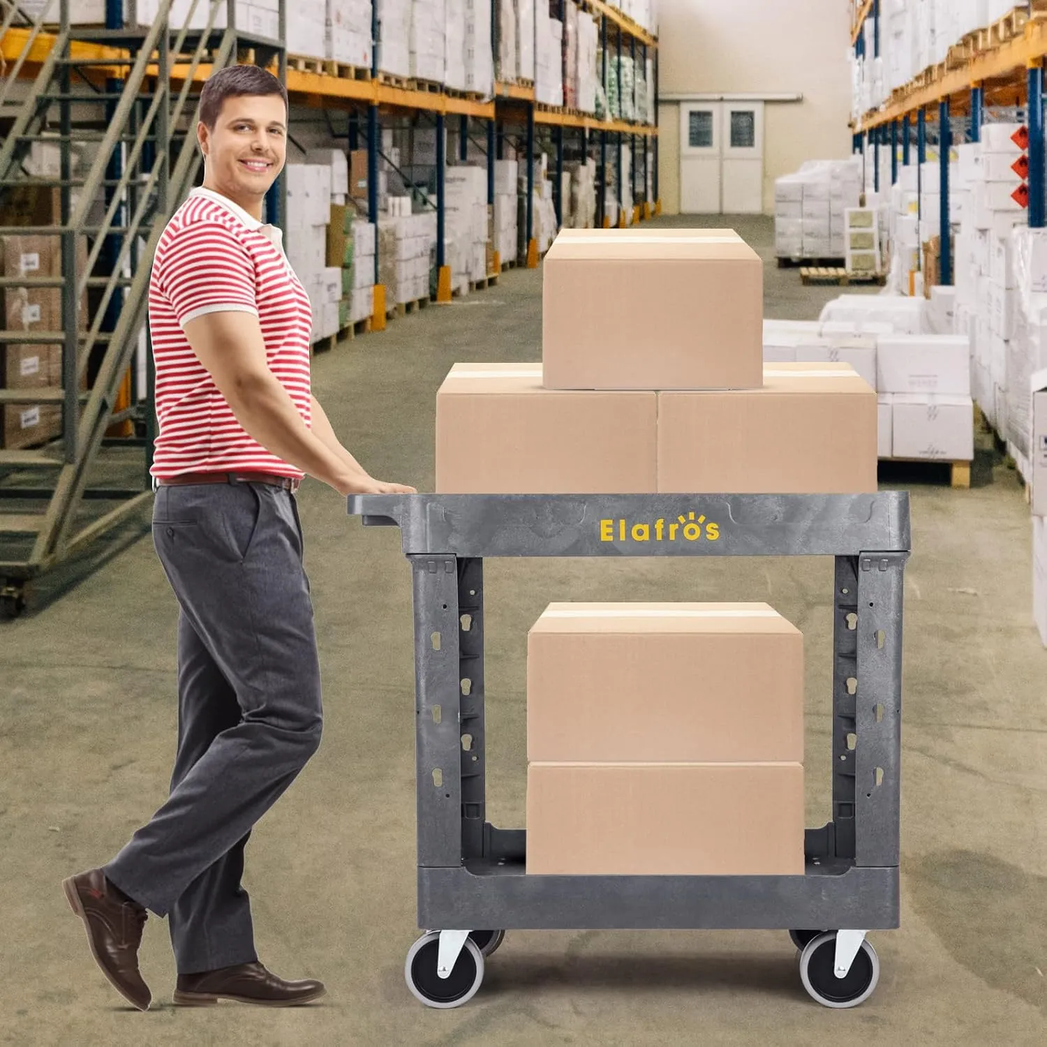 ELAFROS Heavy Duty Plastic Utility Cart 34 x 17 Inch - Work Cart Tub Storage W/Deep Shelves and Full Swivel Wheels Safely Holds up to 550 lbs - 2 Tier Service Cart for Warehouse,Garage, Cleaning,gary