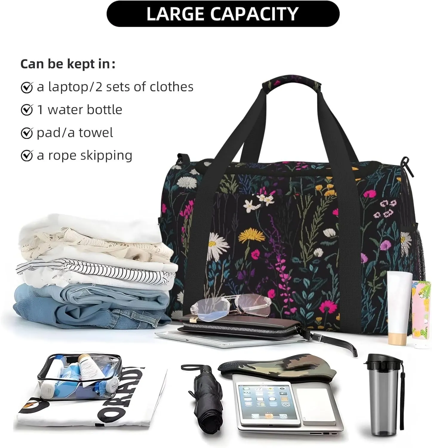 Embroidered Wild Plant Duffle Bag Foldable Travel Tote Bag Carry On Large Weekender Overnight Bags Waterproof Gym Bag For Women Men