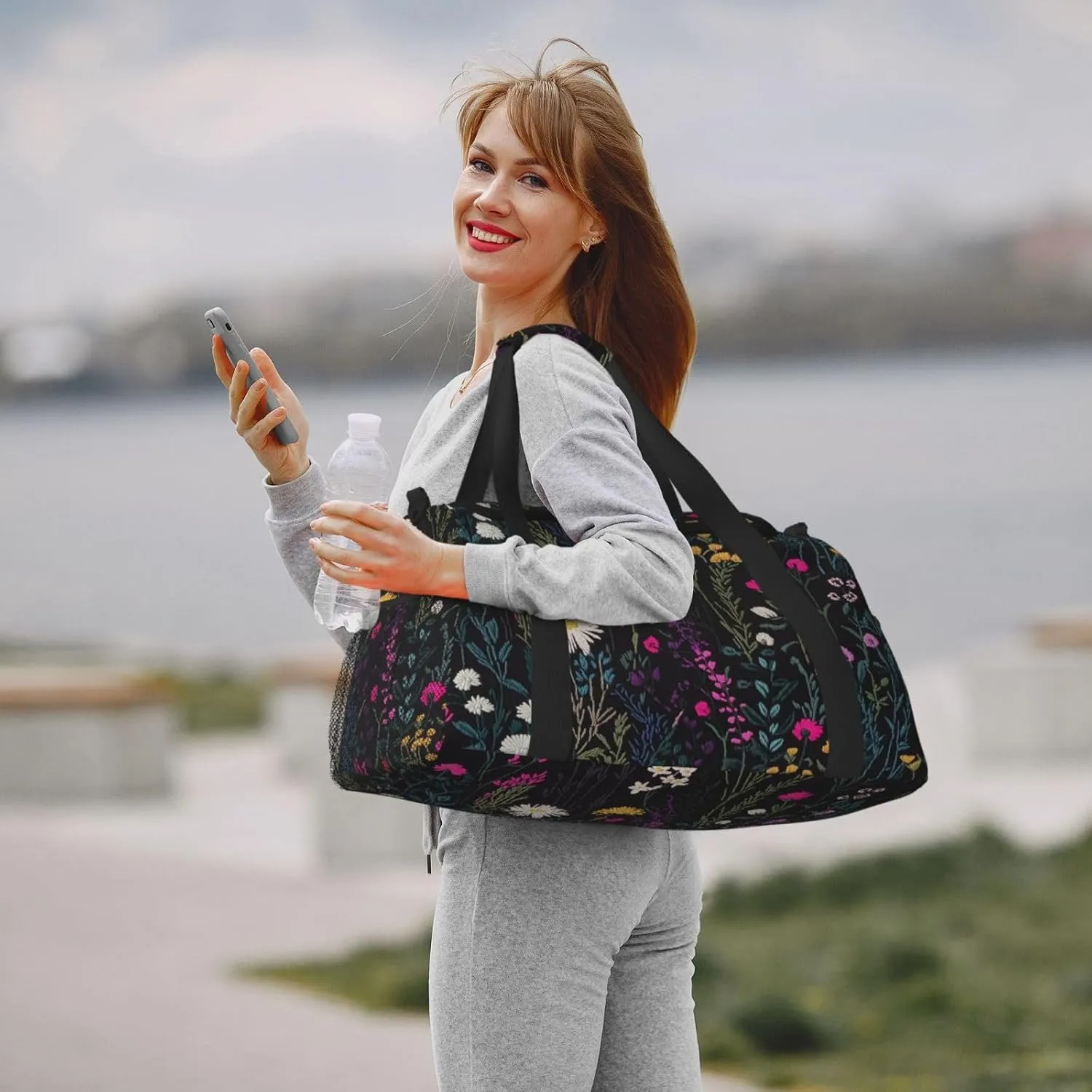 Embroidered Wild Plant Duffle Bag Foldable Travel Tote Bag Carry On Large Weekender Overnight Bags Waterproof Gym Bag For Women Men