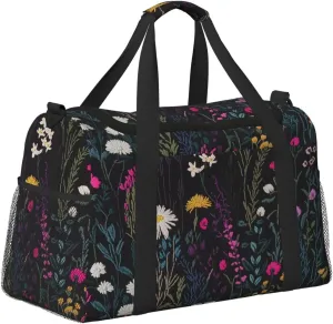 Embroidered Wild Plant Duffle Bag Foldable Travel Tote Bag Carry On Large Weekender Overnight Bags Waterproof Gym Bag For Women Men