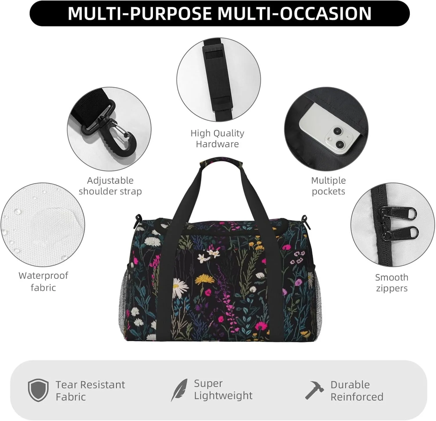 Embroidered Wild Plant Duffle Bag Foldable Travel Tote Bag Carry On Large Weekender Overnight Bags Waterproof Gym Bag For Women Men