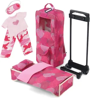 Emily Rose 18 Inch Doll Travel Carrier Luggage Case with Heavy Duty Rolling Trolley Cart, Removable 18-inch Doll Bed with Bedding and 3-Piece 18" Doll PJs Pajamas Set | Fits 15"-19" Dolls