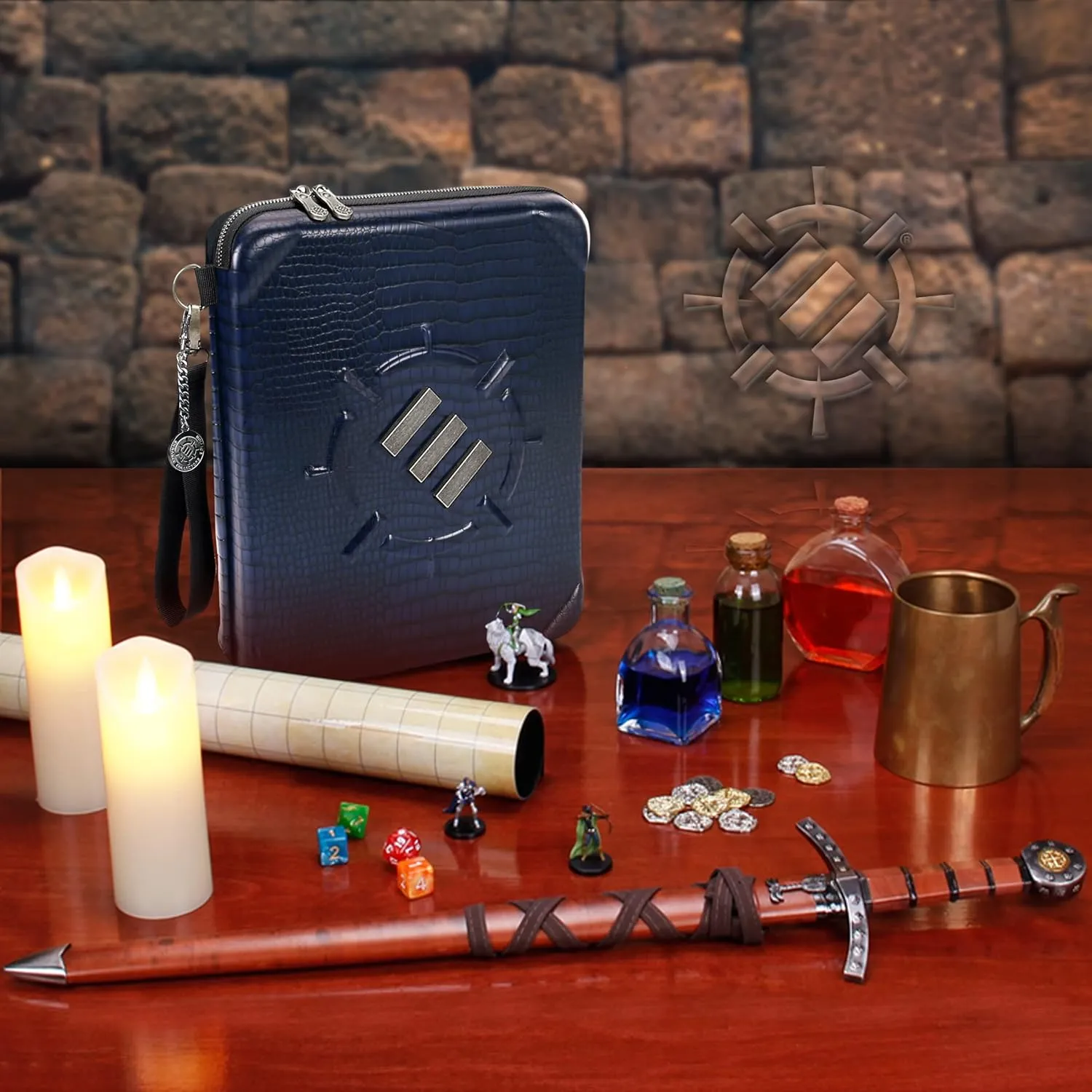 ENHANCE RPG Organizer Case - DnD Binder with Built-in Character Sheet Holder and Erasable Scribe Panel, Dice Rolling Area, Removable Pen Pouch, Miniature Foam Tray, Wrist Strap