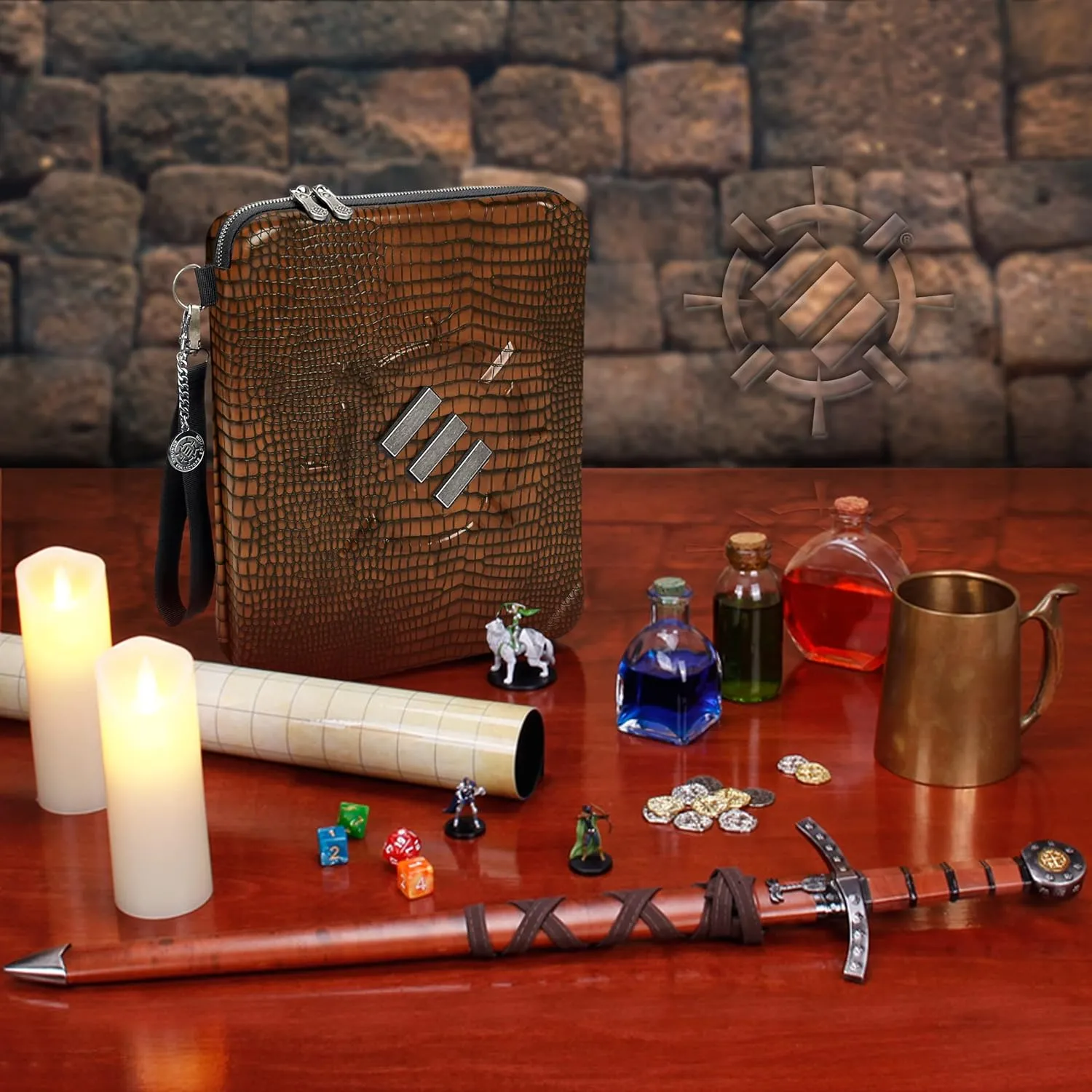 ENHANCE RPG Organizer Case - DnD Binder with Built-in Character Sheet Holder and Erasable Scribe Panel, Dice Rolling Area, Removable Pen Pouch, Miniature Foam Tray, Wrist Strap