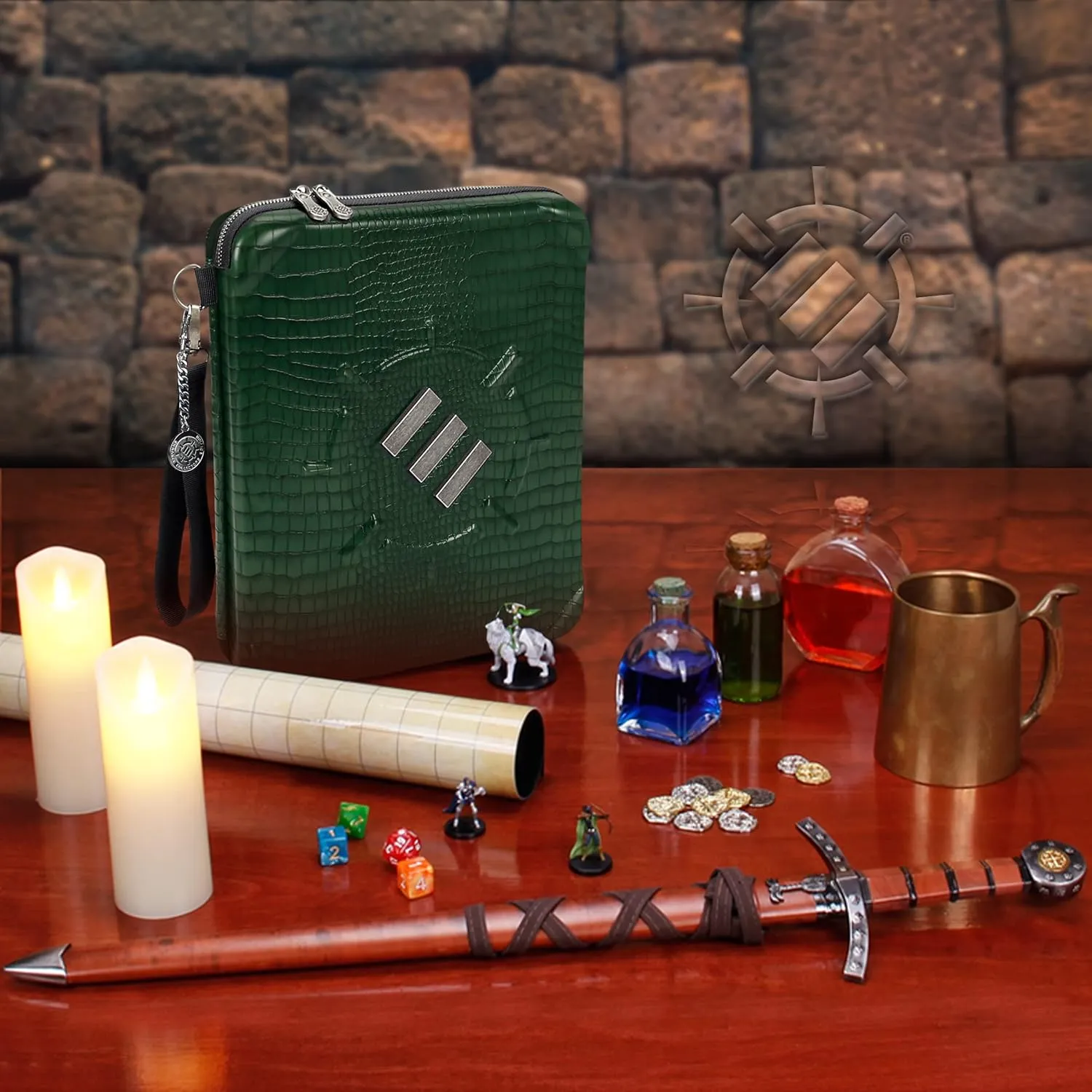 ENHANCE RPG Organizer Case - DnD Binder with Built-in Character Sheet Holder and Erasable Scribe Panel, Dice Rolling Area, Removable Pen Pouch, Miniature Foam Tray, Wrist Strap