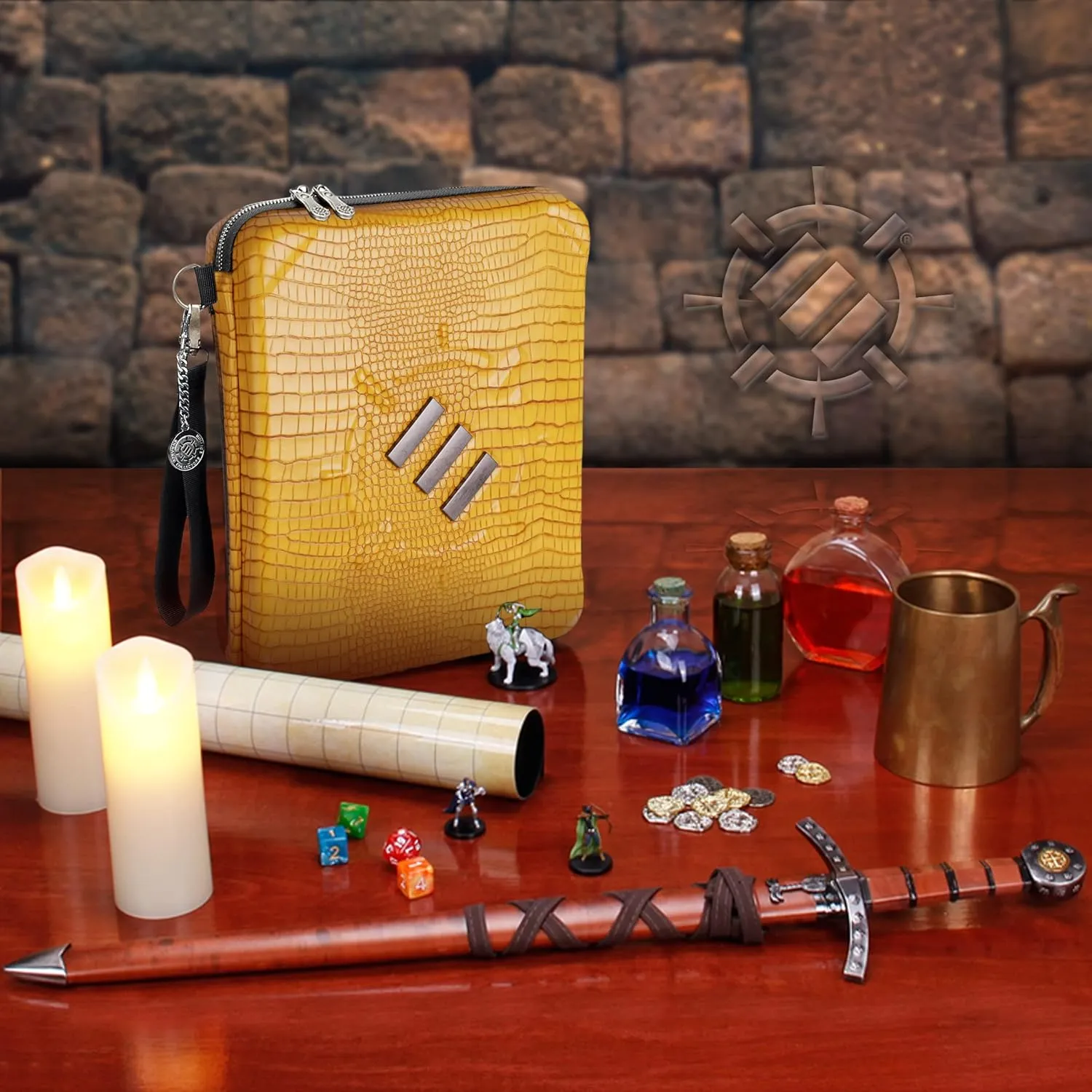 ENHANCE RPG Organizer Case - DnD Binder with Built-in Character Sheet Holder and Erasable Scribe Panel, Dice Rolling Area, Removable Pen Pouch, Miniature Foam Tray, Wrist Strap