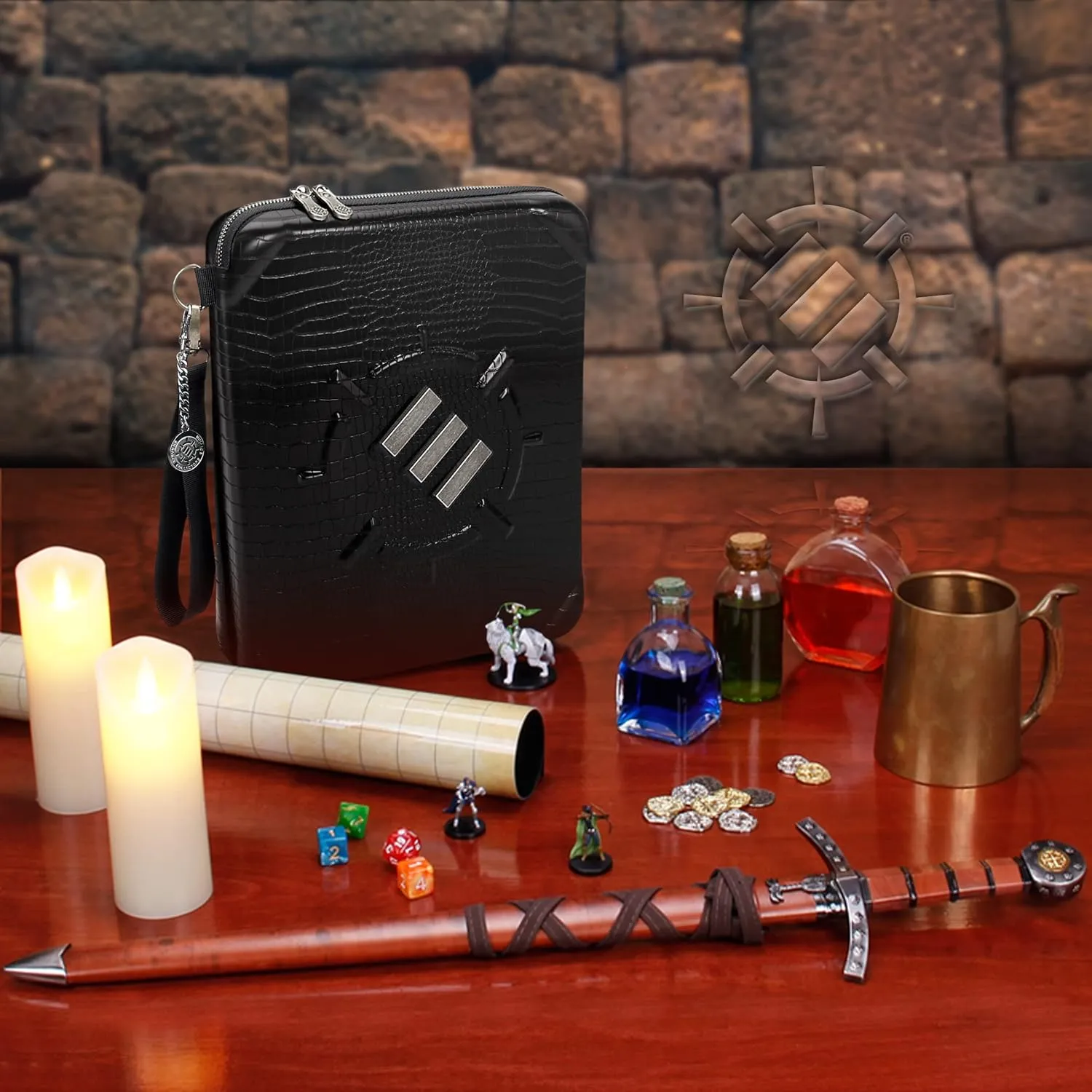 ENHANCE RPG Organizer Case - DnD Binder with Built-in Character Sheet Holder and Erasable Scribe Panel, Dice Rolling Area, Removable Pen Pouch, Miniature Foam Tray, Wrist Strap