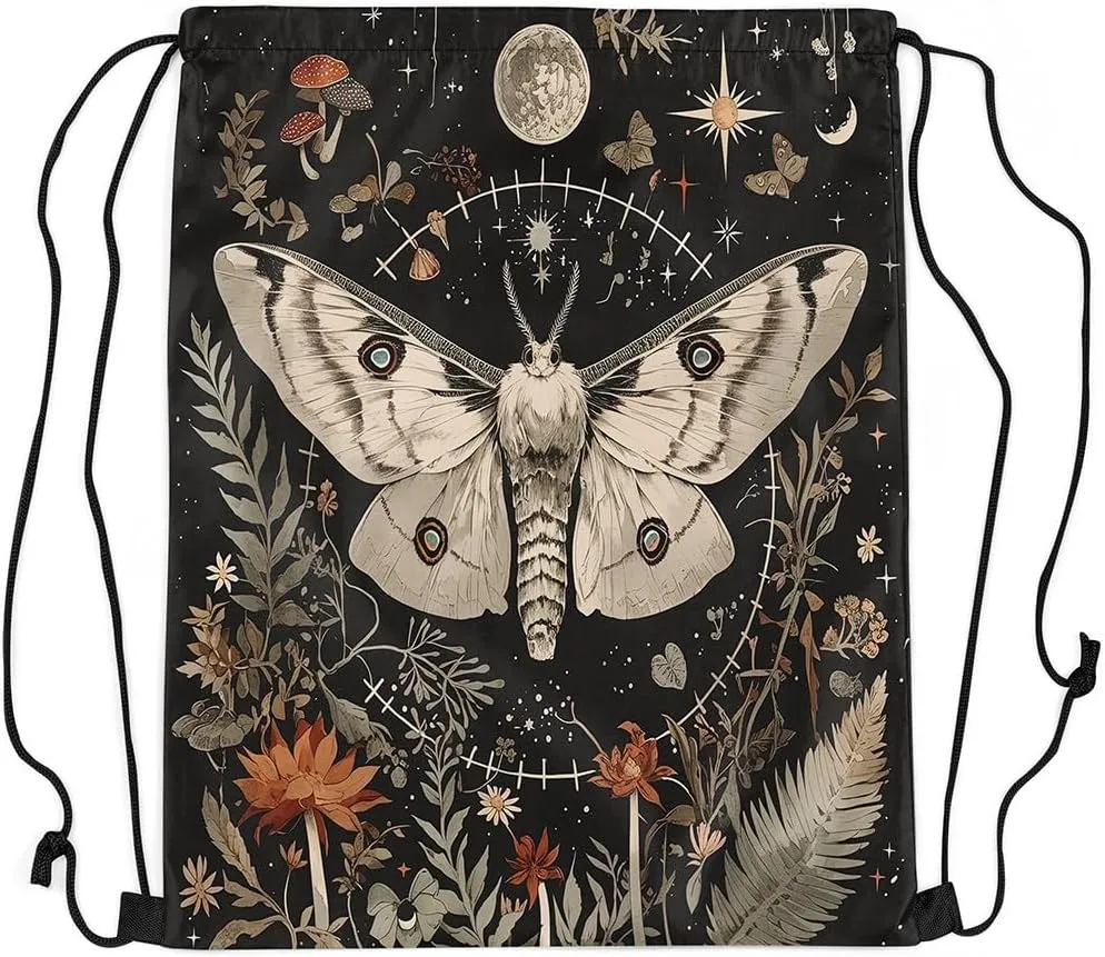 Erosebridal Boho Moth Drawstring Backpack 13X15.7,Jungle Botanical Floral Drawstring Bags,Exotic Moon Star Draw String Back Bag,Trippy Natural Fungal Plant Flowers String Backpack