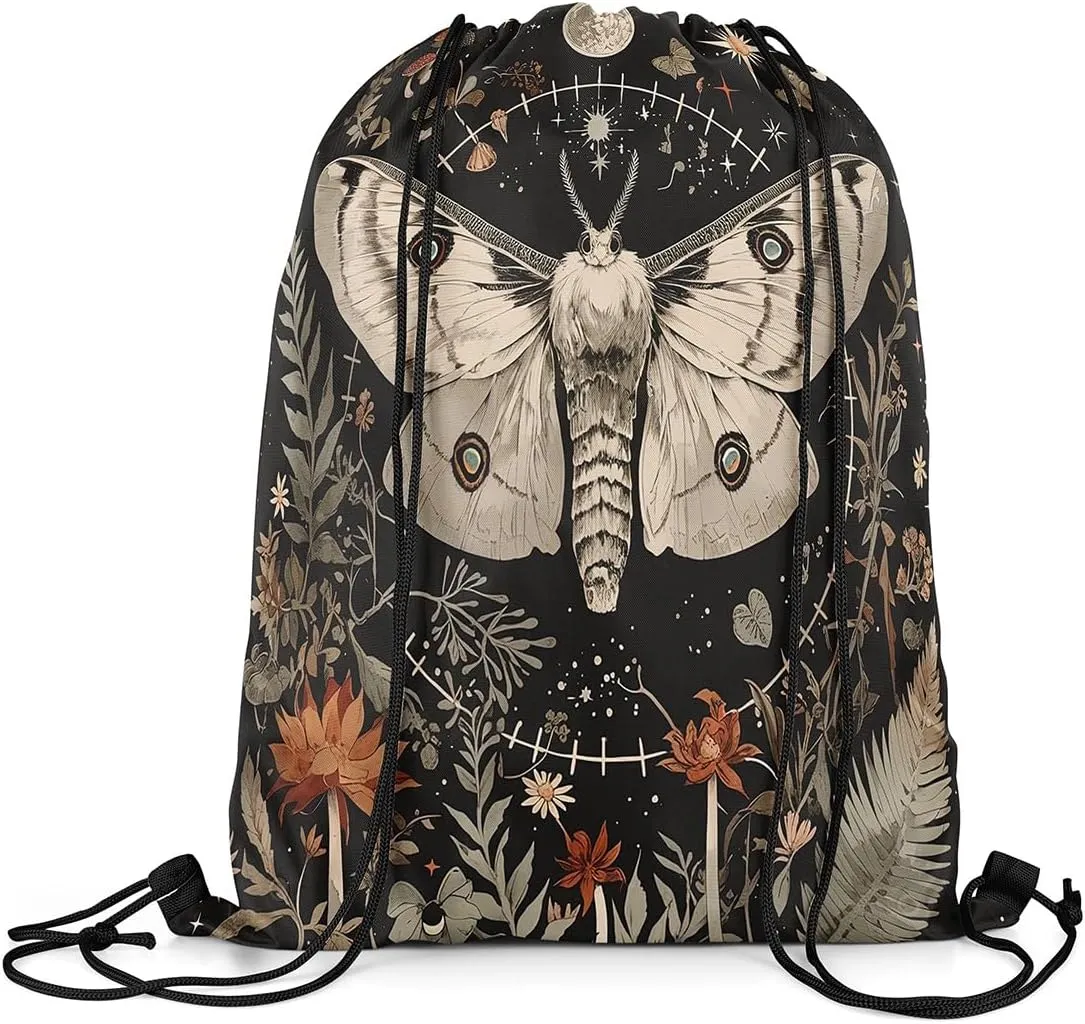 Erosebridal Boho Moth Drawstring Backpack 13X15.7,Jungle Botanical Floral Drawstring Bags,Exotic Moon Star Draw String Back Bag,Trippy Natural Fungal Plant Flowers String Backpack