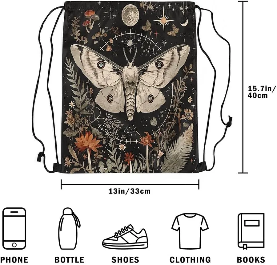 Erosebridal Boho Moth Drawstring Backpack 13X15.7,Jungle Botanical Floral Drawstring Bags,Exotic Moon Star Draw String Back Bag,Trippy Natural Fungal Plant Flowers String Backpack