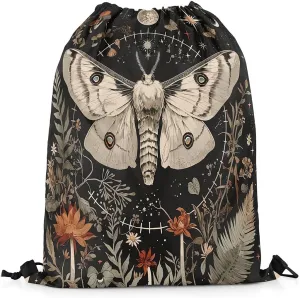 Erosebridal Boho Moth Drawstring Backpack 13X15.7,Jungle Botanical Floral Drawstring Bags,Exotic Moon Star Draw String Back Bag,Trippy Natural Fungal Plant Flowers String Backpack
