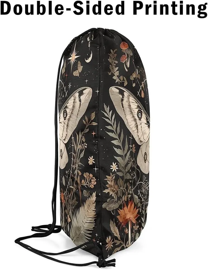 Erosebridal Boho Moth Drawstring Backpack 13X15.7,Jungle Botanical Floral Drawstring Bags,Exotic Moon Star Draw String Back Bag,Trippy Natural Fungal Plant Flowers String Backpack