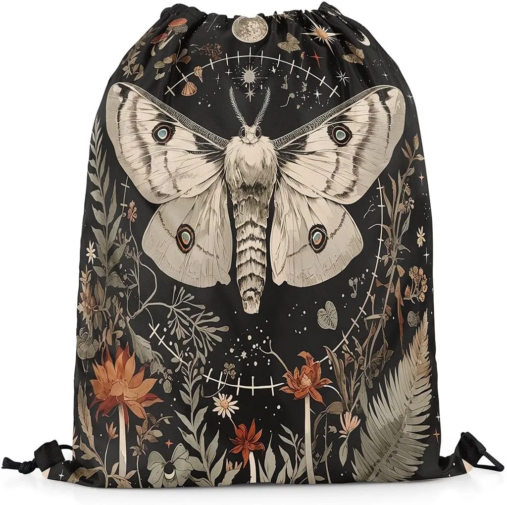 Erosebridal Boho Moth Drawstring Backpack 13X15.7,Jungle Botanical Floral Drawstring Bags,Exotic Moon Star Draw String Back Bag,Trippy Natural Fungal Plant Flowers String Backpack