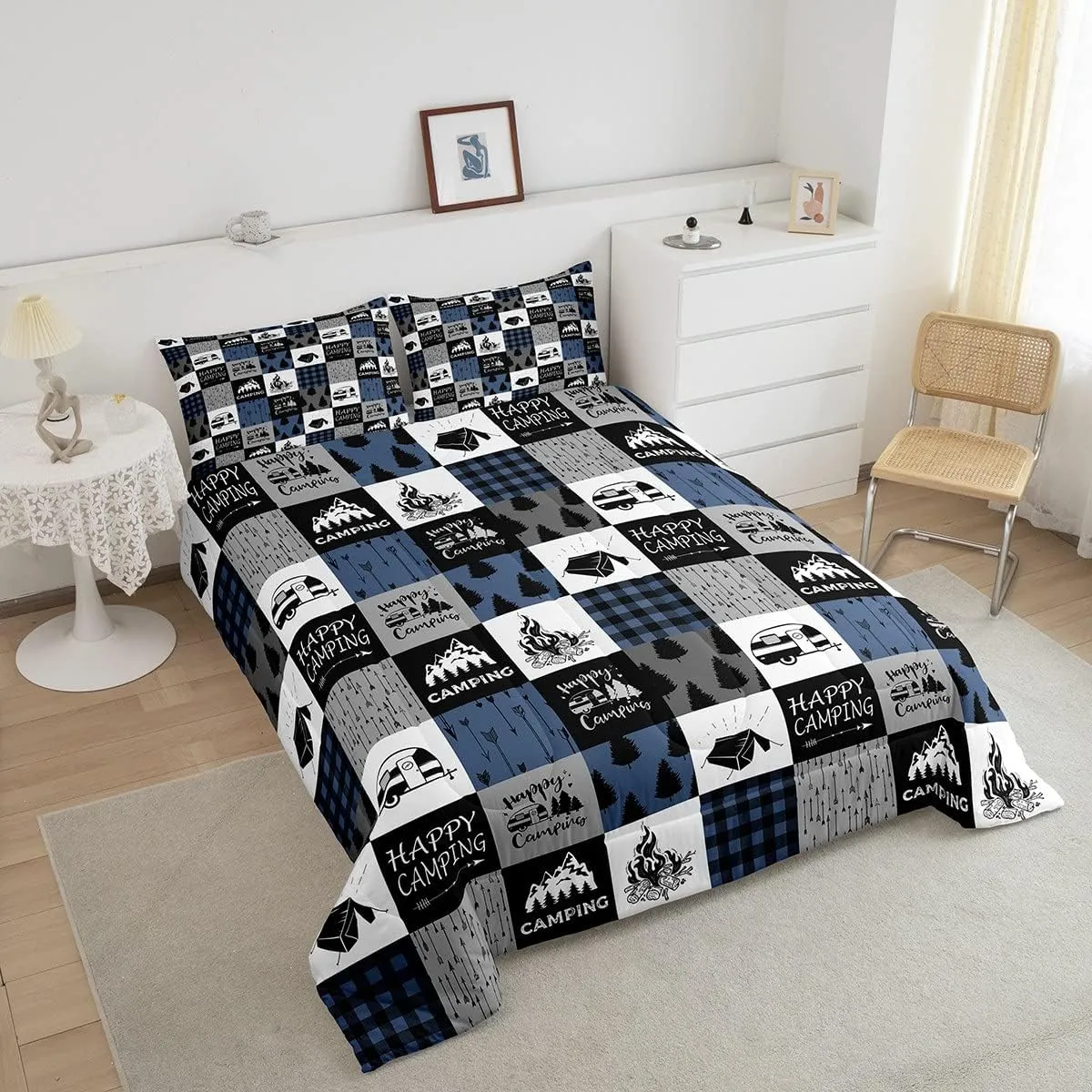 Erosebridal Camper Comforter Set Queen Size,Happy Camping Bedding Set for Kids Boys Teens Adult Bedroom,Rustic Farmhouse Down Comforter Tent Arrows Checkered Quilted Duvet 3Pcs with 2 Pillow Cases