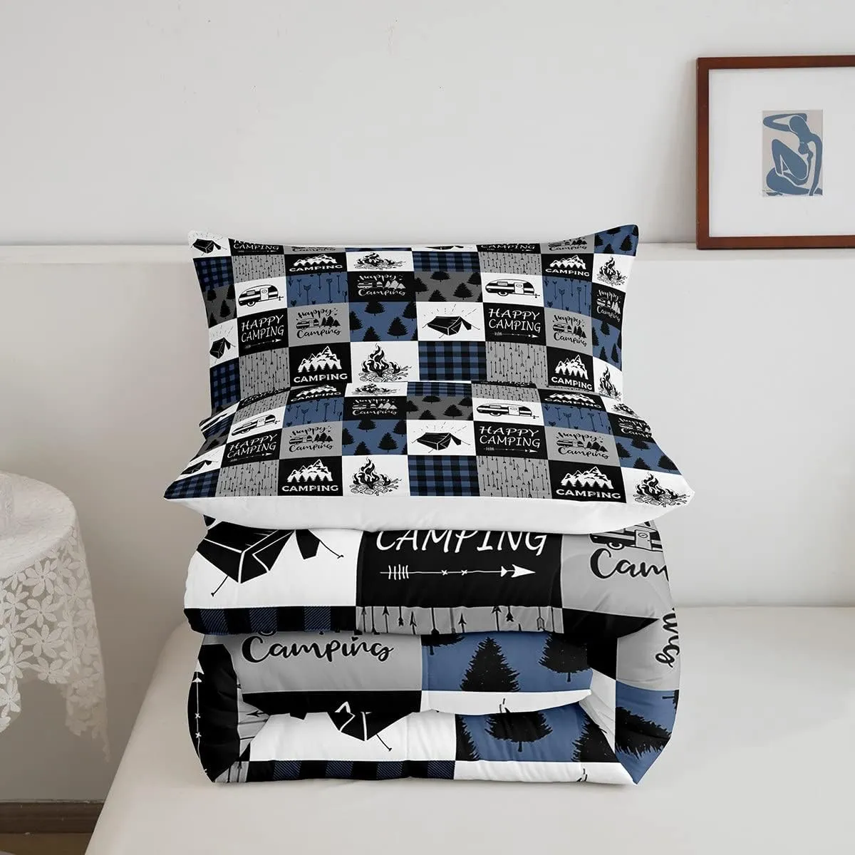 Erosebridal Camper Comforter Set Queen Size,Happy Camping Bedding Set for Kids Boys Teens Adult Bedroom,Rustic Farmhouse Down Comforter Tent Arrows Checkered Quilted Duvet 3Pcs with 2 Pillow Cases