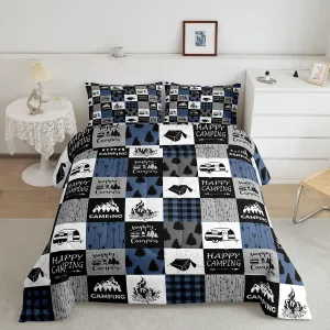 Erosebridal Camper Comforter Set Queen Size,Happy Camping Bedding Set for Kids Boys Teens Adult Bedroom,Rustic Farmhouse Down Comforter Tent Arrows Checkered Quilted Duvet 3Pcs with 2 Pillow Cases