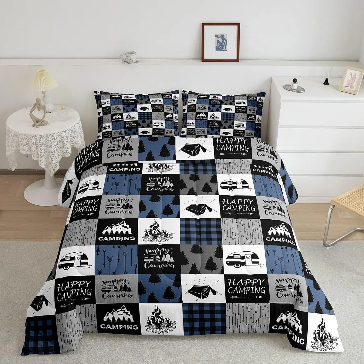 Erosebridal Camper Comforter Set Queen Size,Happy Camping Bedding Set for Kids Boys Teens Adult Bedroom,Rustic Farmhouse Down Comforter Tent Arrows Checkered Quilted Duvet 3Pcs with 2 Pillow Cases