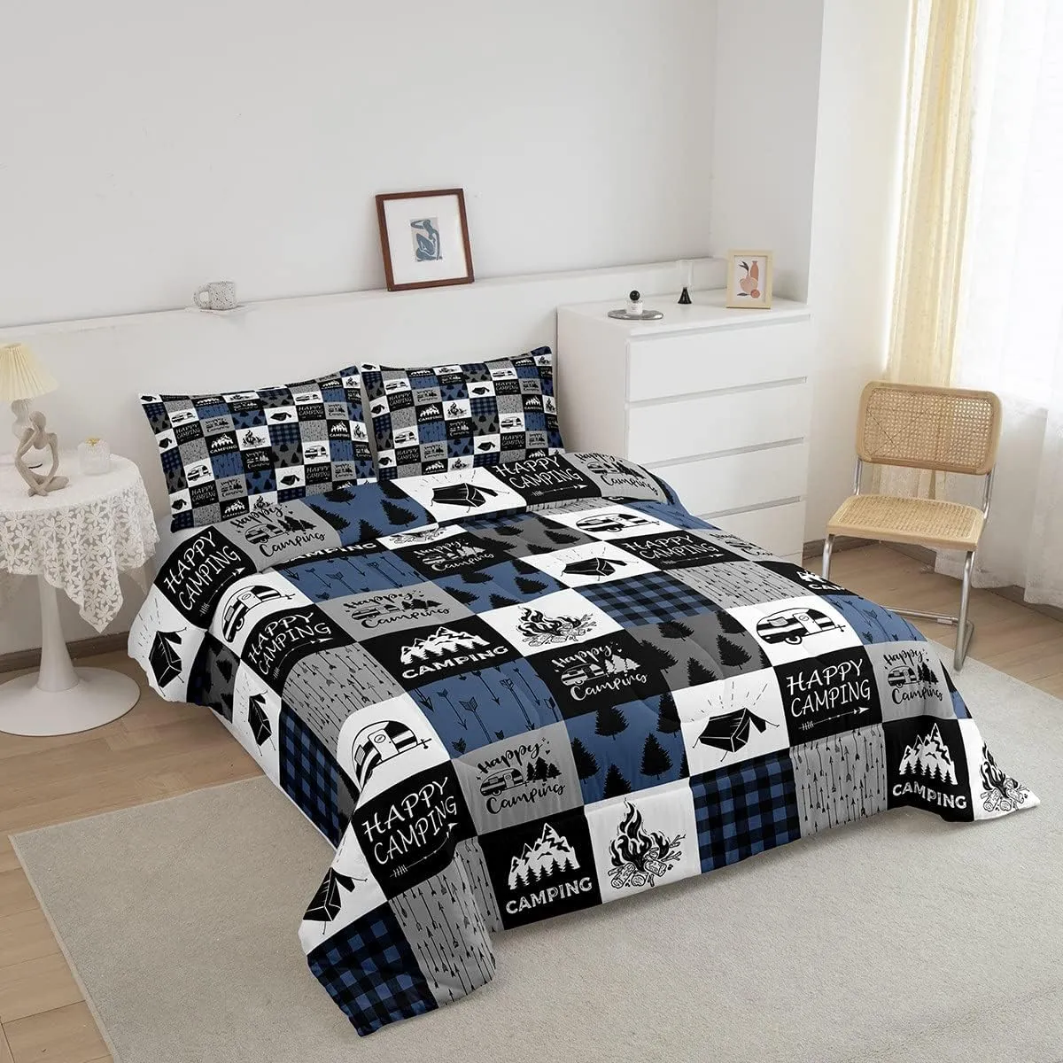 Erosebridal Camper Comforter Set Queen Size,Happy Camping Bedding Set for Kids Boys Teens Adult Bedroom,Rustic Farmhouse Down Comforter Tent Arrows Checkered Quilted Duvet 3Pcs with 2 Pillow Cases