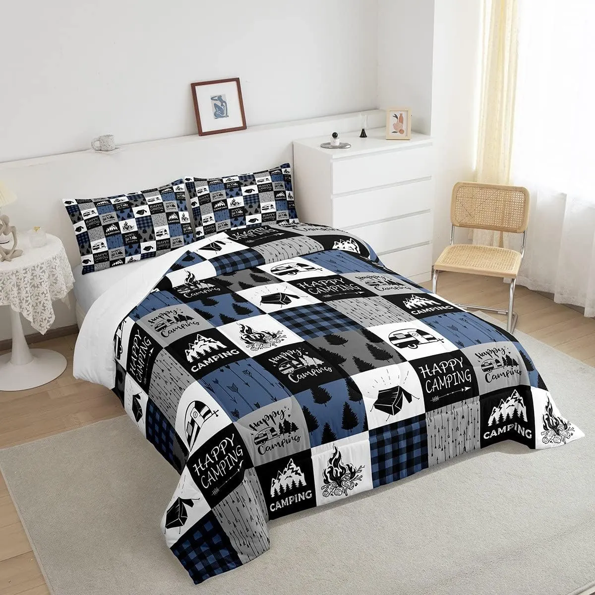 Erosebridal Camper Comforter Set Queen Size,Happy Camping Bedding Set for Kids Boys Teens Adult Bedroom,Rustic Farmhouse Down Comforter Tent Arrows Checkered Quilted Duvet 3Pcs with 2 Pillow Cases