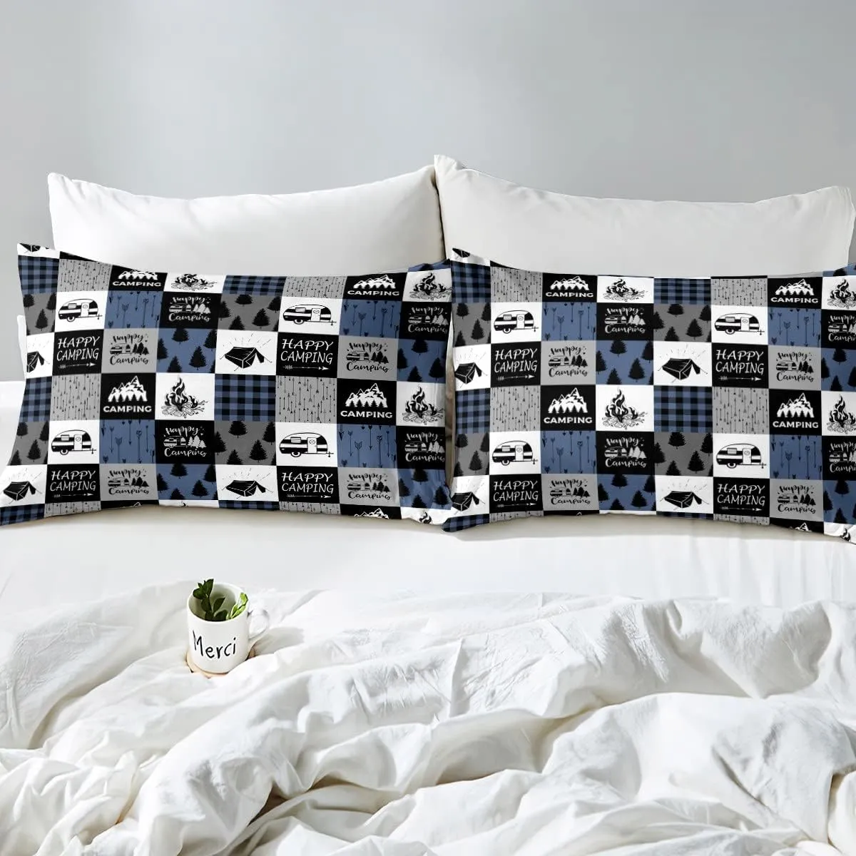 Erosebridal Camper Comforter Set Queen Size,Happy Camping Bedding Set for Kids Boys Teens Adult Bedroom,Rustic Farmhouse Down Comforter Tent Arrows Checkered Quilted Duvet 3Pcs with 2 Pillow Cases