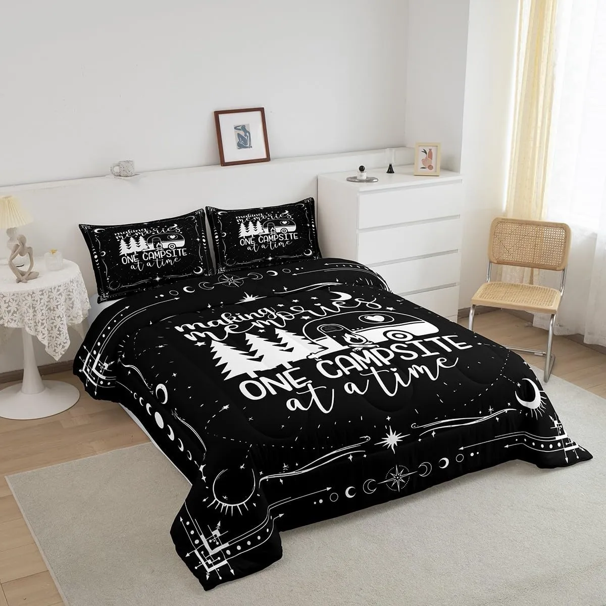 Erosebridal Camper Decor Comforter Set 3 Pieces, Happy Camping Duvet Insert for Boys Kids Teens Adult Bedroom Deocr, Rustic Farmhouse Style Bedding Set,Black Starry Sky Down Comforter, Queen Size