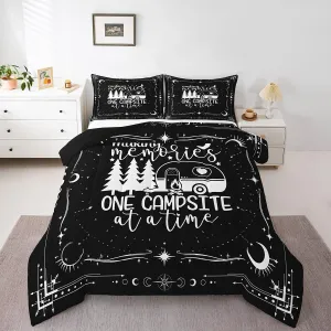 Erosebridal Camper Decor Comforter Set 3 Pieces, Happy Camping Duvet Insert for Boys Kids Teens Adult Bedroom Deocr, Rustic Farmhouse Style Bedding Set,Black Starry Sky Down Comforter, Queen Size
