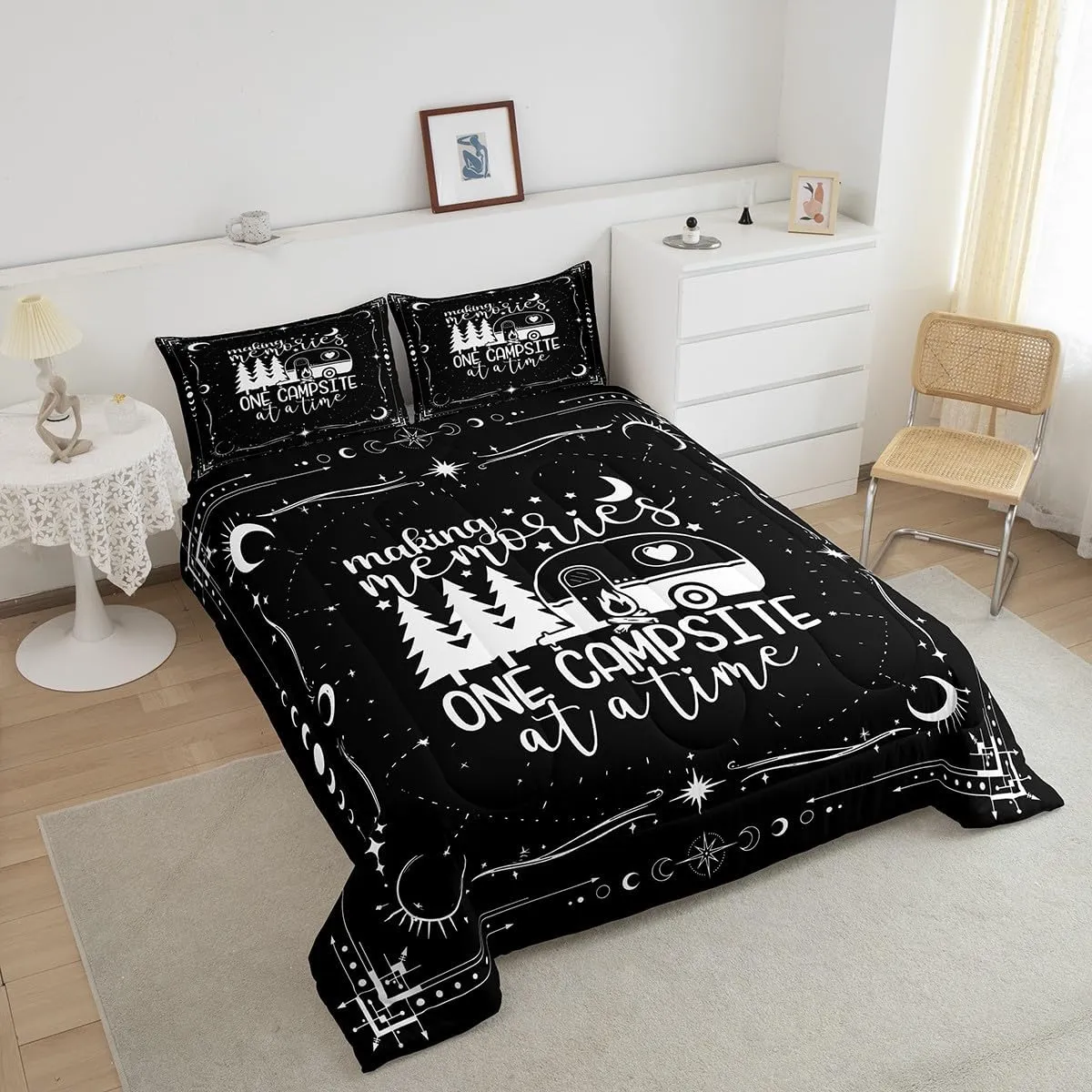 Erosebridal Camper Decor Comforter Set 3 Pieces, Happy Camping Duvet Insert for Boys Kids Teens Adult Bedroom Deocr, Rustic Farmhouse Style Bedding Set,Black Starry Sky Down Comforter, Queen Size