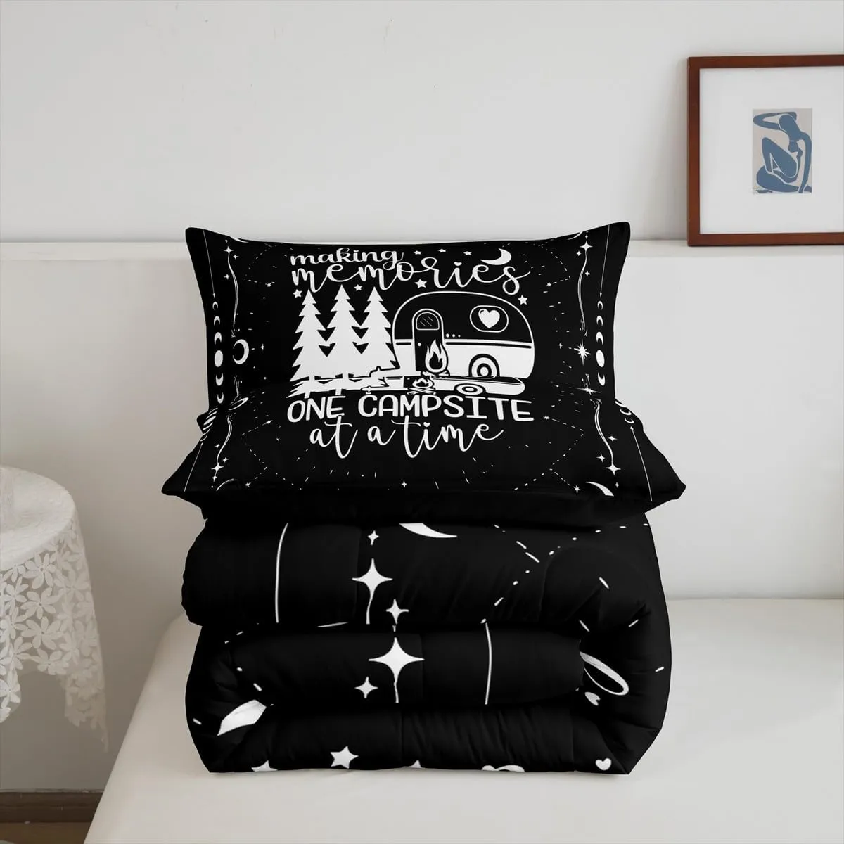 Erosebridal Camper Decor Comforter Set 3 Pieces, Happy Camping Duvet Insert for Boys Kids Teens Adult Bedroom Deocr, Rustic Farmhouse Style Bedding Set,Black Starry Sky Down Comforter, Queen Size
