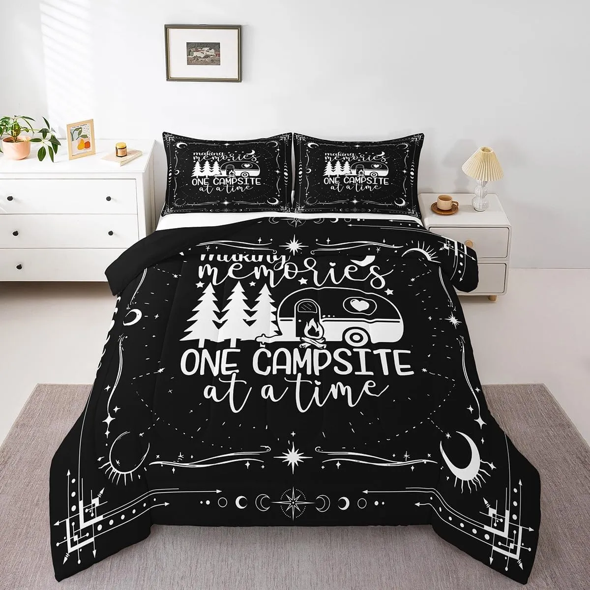 Erosebridal Camper Decor Comforter Set 3 Pieces, Happy Camping Duvet Insert for Boys Kids Teens Adult Bedroom Deocr, Rustic Farmhouse Style Bedding Set,Black Starry Sky Down Comforter, Queen Size