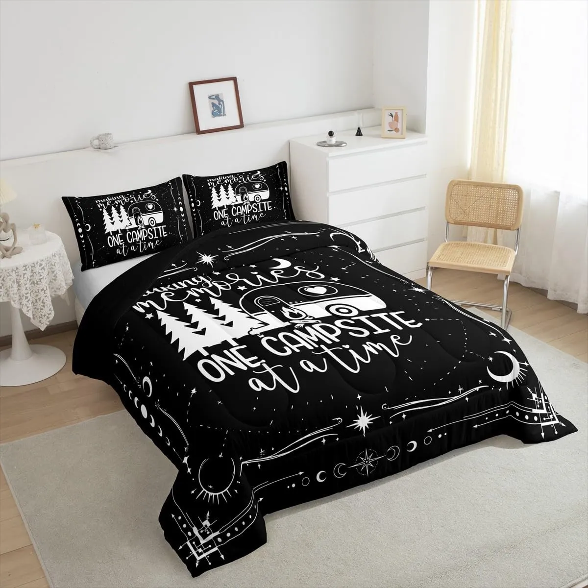 Erosebridal Camper Decor Comforter Set 3 Pieces, Happy Camping Duvet Insert for Boys Kids Teens Adult Bedroom Deocr, Rustic Farmhouse Style Bedding Set,Black Starry Sky Down Comforter, Queen Size