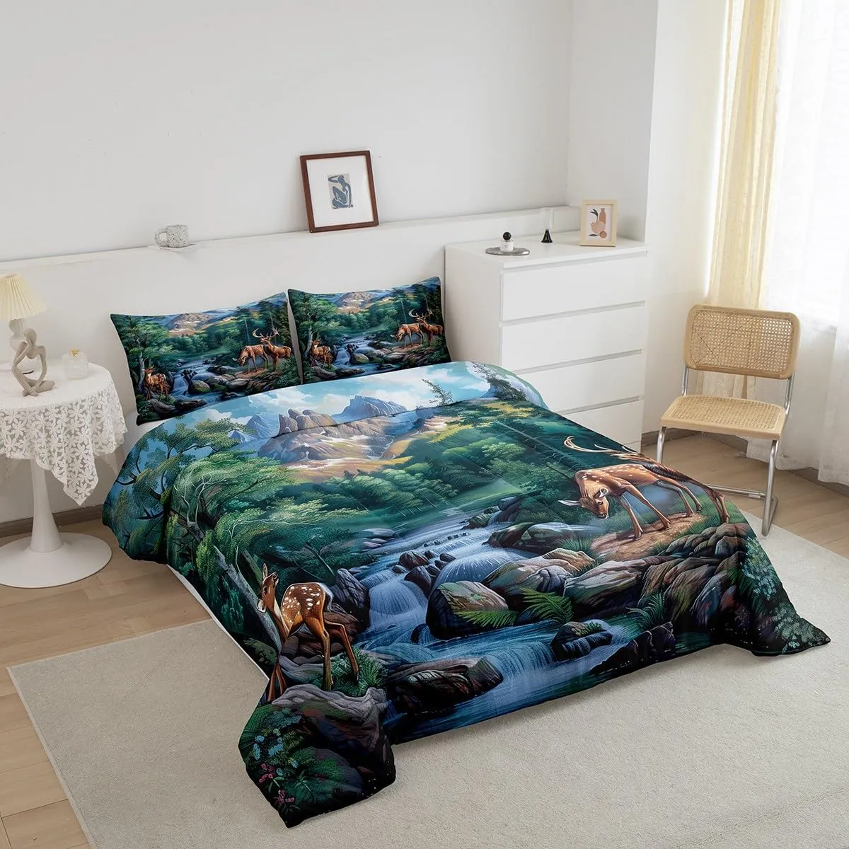 Erosebridal Deer Hunting Full Size Bedding Set Woodland Wildlife Bedding Comforter Sets Nature Wild Deer Animal Comforter Set Rustic Cabin Jungle Elk Duvet Insert for Kids Boys Girls Room Decor