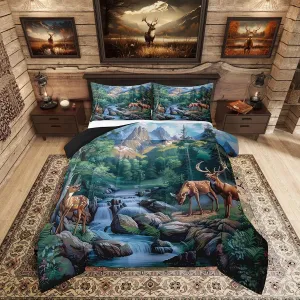 Erosebridal Deer Hunting Full Size Bedding Set Woodland Wildlife Bedding Comforter Sets Nature Wild Deer Animal Comforter Set Rustic Cabin Jungle Elk Duvet Insert for Kids Boys Girls Room Decor