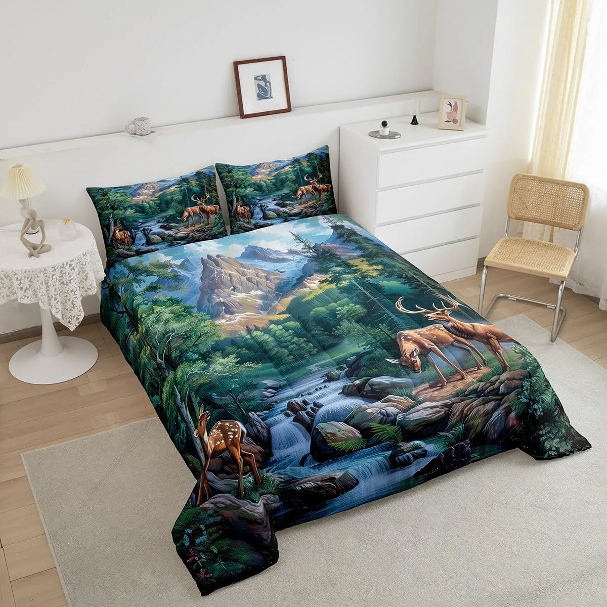 Erosebridal Deer Hunting Full Size Bedding Set Woodland Wildlife Bedding Comforter Sets Nature Wild Deer Animal Comforter Set Rustic Cabin Jungle Elk Duvet Insert for Kids Boys Girls Room Decor