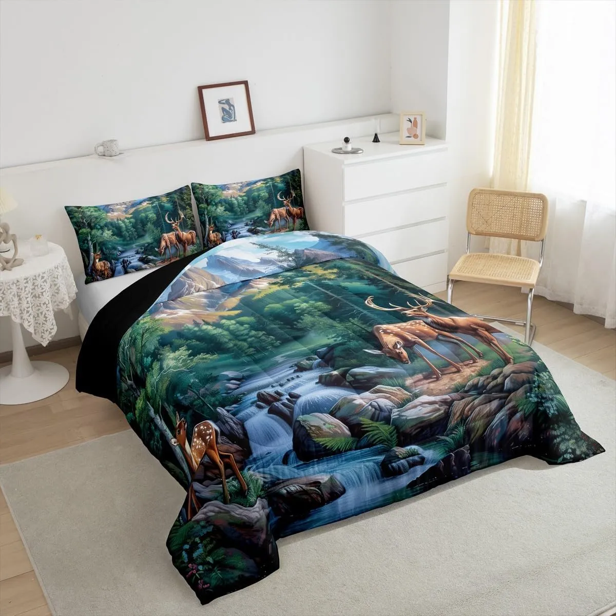 Erosebridal Deer Hunting Full Size Bedding Set Woodland Wildlife Bedding Comforter Sets Nature Wild Deer Animal Comforter Set Rustic Cabin Jungle Elk Duvet Insert for Kids Boys Girls Room Decor