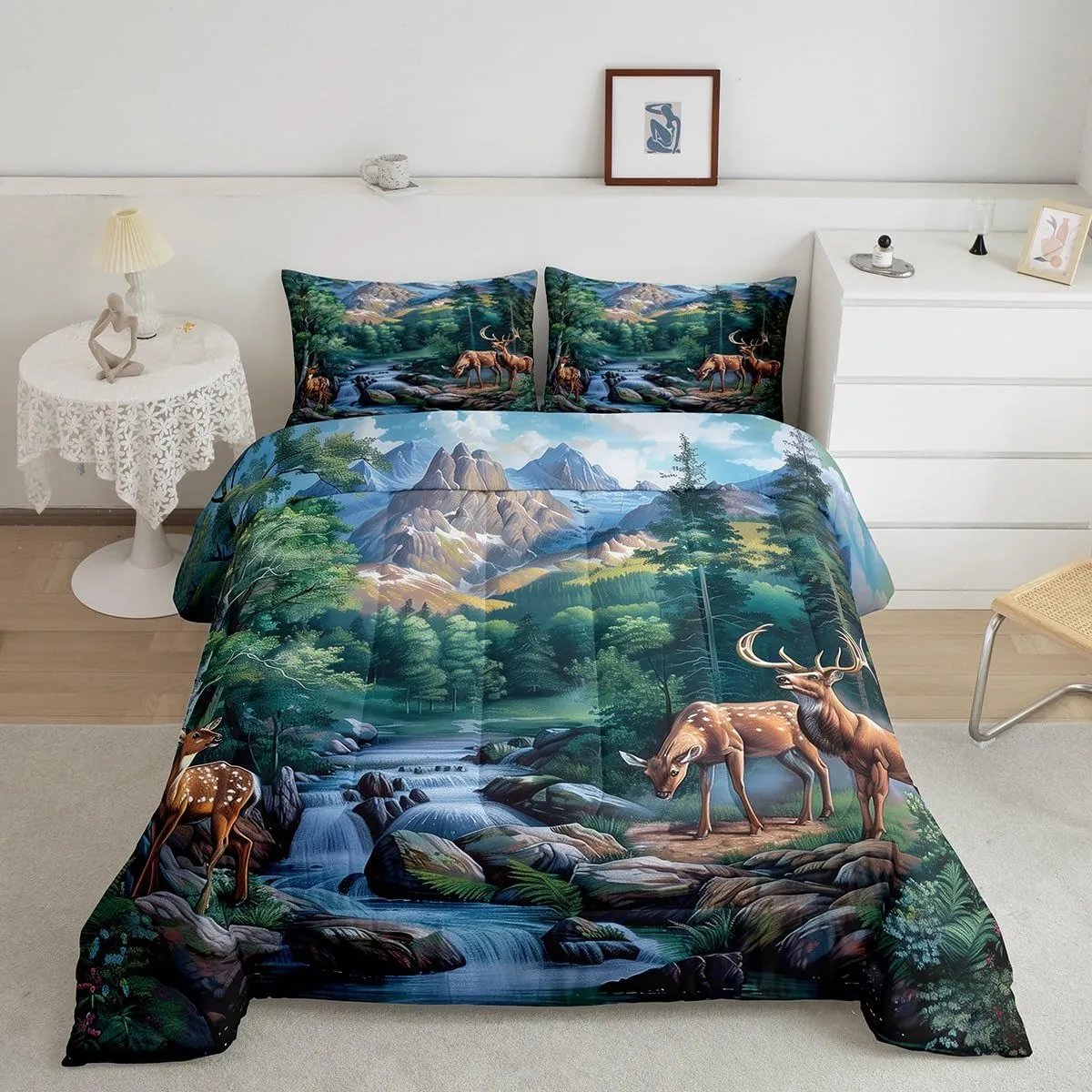 Erosebridal Deer Hunting Full Size Bedding Set Woodland Wildlife Bedding Comforter Sets Nature Wild Deer Animal Comforter Set Rustic Cabin Jungle Elk Duvet Insert for Kids Boys Girls Room Decor
