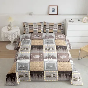 Erosebridal Happy Camping Comforter Set Queen Size, Rv Camper Decor Bedding Set Rustic Farmhouse Patchwork Quilt Camping Gift for Women Decor, Retro Lodge Cabin Decor Duvet Insert with 2 Pillow Cases